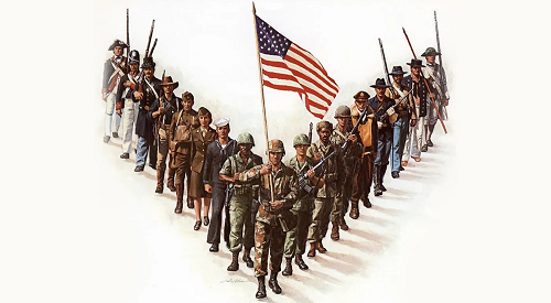 A V formation of American Soldiers throughout U.S. History with an American Flag at front center.