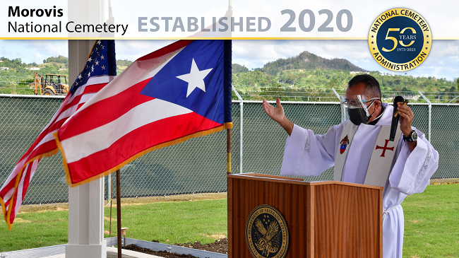 A man speaks from the podium during an event at Morovis National Cemetery. The cemetery, in Puerto Rico, was dedicated in 2020.