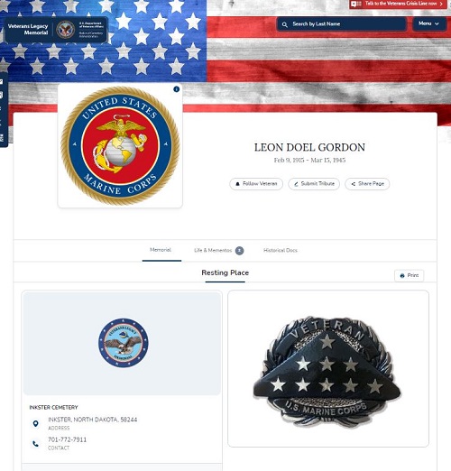 Image of Veterans Legacy Memorial page for Private Leon Doel Gordon, U.S. Marine Corps.