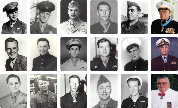 Portraits of 18 Medal of Honor recipients from the Battle of Iwo Jima.