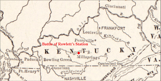 Detail from the map, 'Campaigns of the Civil War in the West' by A.B. Adlerman, ca. 1910, showing the location of the Battle of Rowlett's Station.