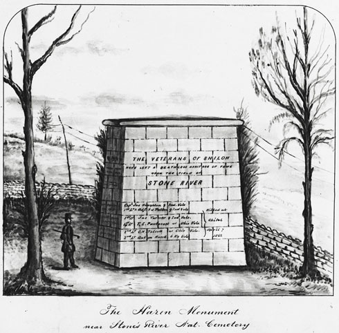 Drawing of Hazen Monument with trees