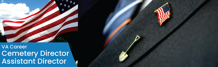 VA Career: Cemetery Director / Assistant Director. Suit lapel with American flag pin and shovel pin.