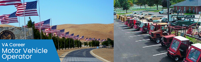 VA Career: Motor Vehicle Operator. Left: avenue of flags. Right: various motor vehicles.