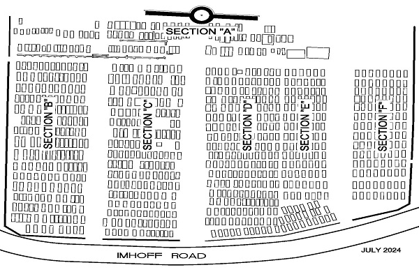 Map of Mare Island Naval Cemetery. Enter the Mare Island Naval Cemetery from Imhoff Road. From the center entrance, burial sections B and C are on the left and burial sections D, E, and F are on the right. Burial section A is at the back of the cemetery by the flag pole and benches.