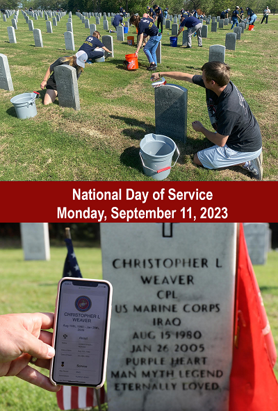 National Day of Service. Monday, September 11, 2023. VA Remembers 9 11. 22 Year Commemoration.