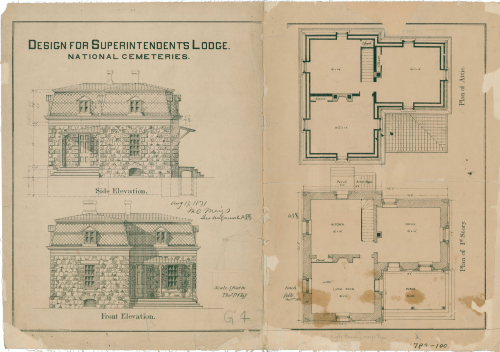 Elevation views and plans for the definitive superintendent lodges with signature of Quartermaster General Montgomery C. Meigs, dated August 17, 1871. (NCA History Collection)
