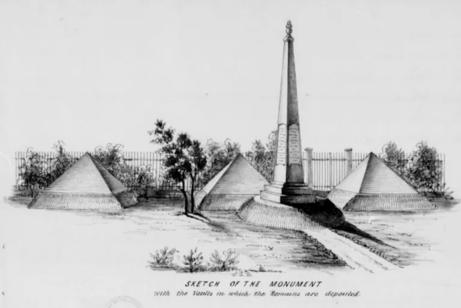 Sketch of the Dade Pyramids and Monument in St. Augustine, Florida, from 1844 U.S. Army report. At the end of the Second Seminole War (1835–42), the Army interred the remains of an estimated 165 U.S. soldiers who died in the conflict in vaults beneath the pyramids. (National Archives)