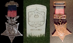 Photographs of early Army and Navy Medals of Honor and a Medal of Honor headstone