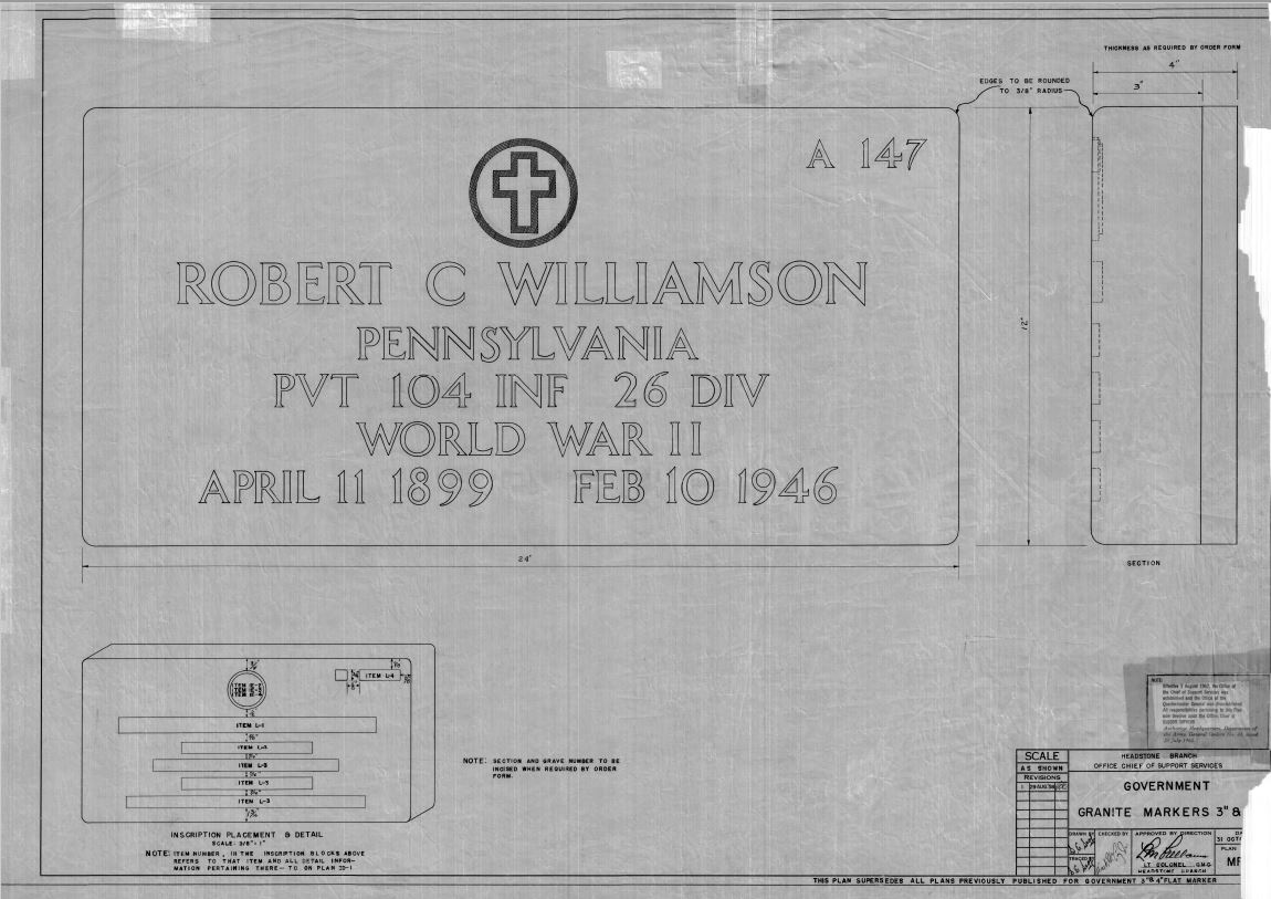 Technical drawing showing the specifications for a government-issued marble flat marker.