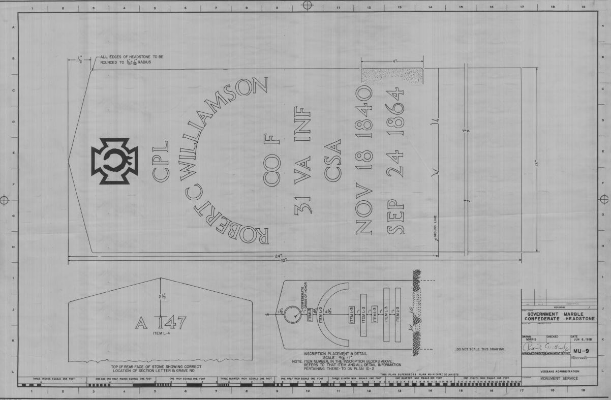 Technical drawing showing the specifications for a government-issued Confederate headstone with the Southern Cross of Honor emblem.