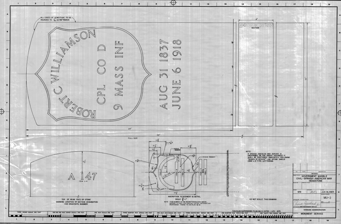 Technical drawing showing the specifications for a government-issued Shield headstone used during the post-Civil War era through World War I.