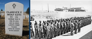 Left: Headstone of Clarence Wolf Guts, last Lakota Code Talker, buried in Black Hills National Cemetery. Right: Code Talkers in San Diego, California, 1942. Department of Defense.