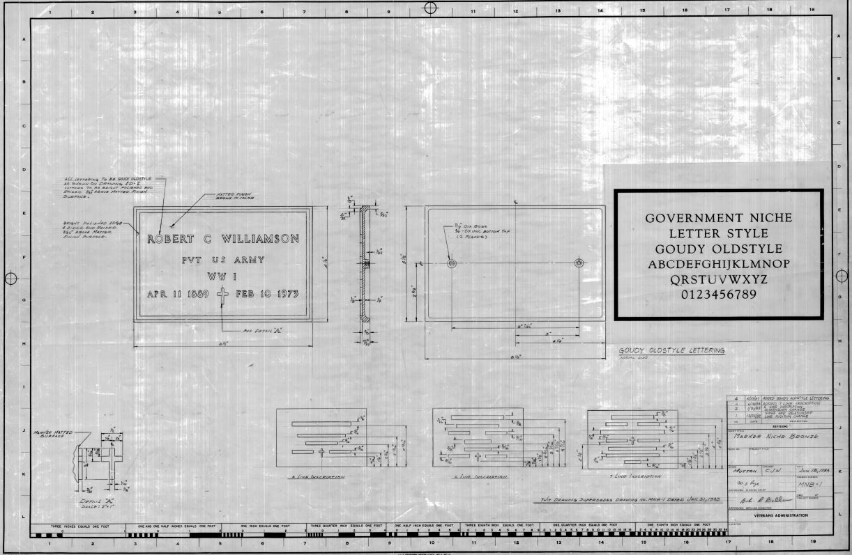 Technical drawing showing the specifications for a government-issued bronze niche marker for use in columbaria.