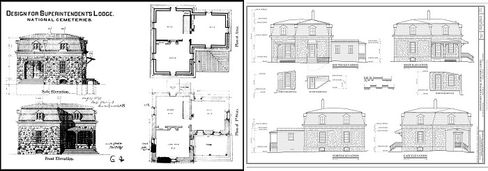 Architectural drawing of lodge in plan and elevation; black and white illustration.