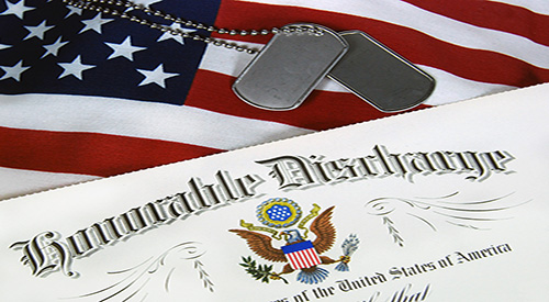 Honorable Discharge, U.S. flag, dog tags