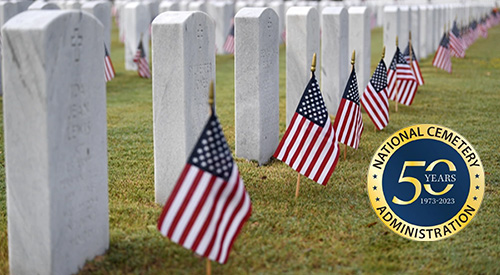 NCA marks 50 years. Photo of U.S. flags placed in front of headstones in a VA national cemetery. The image also includes the logo for NCA 50 Years (1973-2023).