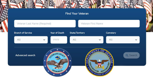 Veterans Legacy Memorial, Find a Veteran, new basic search modal along with VLM logo and Department of Defense logo.